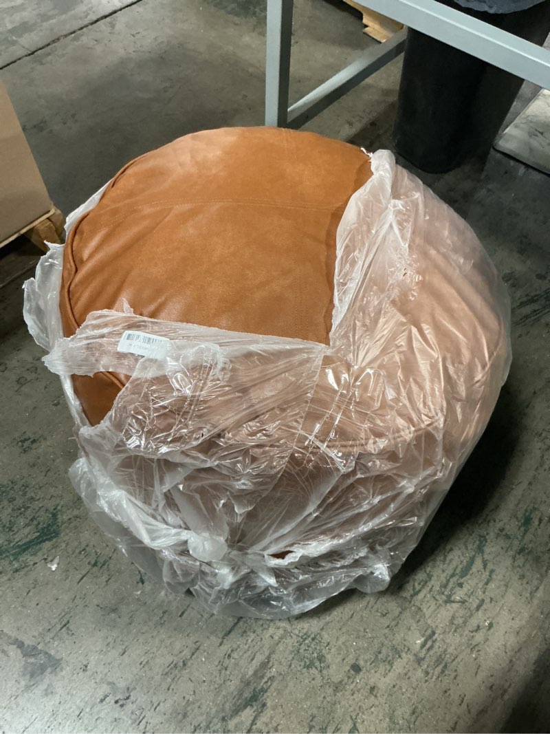 Condition photo showing As Is for higogogo round stuffed pouf ottoman, pu leather poufs with foam chunk filling foot stool storage ottoman, 26 x 18 floor poufs foot rest for living room, brown 26 inch brown