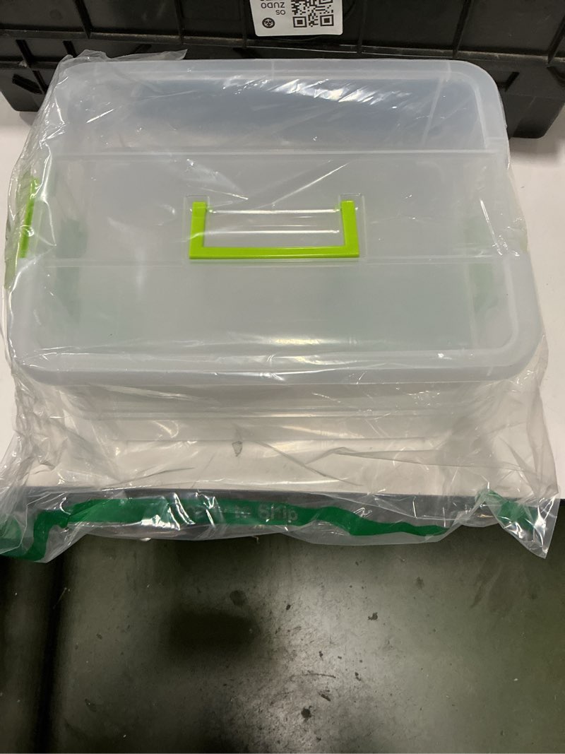 Condition photo showing Good Condition for JUXYES 2-Tiers Stack Carry Storage Box With Handle, Transparent Stackable Storage Bin With Handle Lid Latching Storage Container for School & Office Supplies (Green)