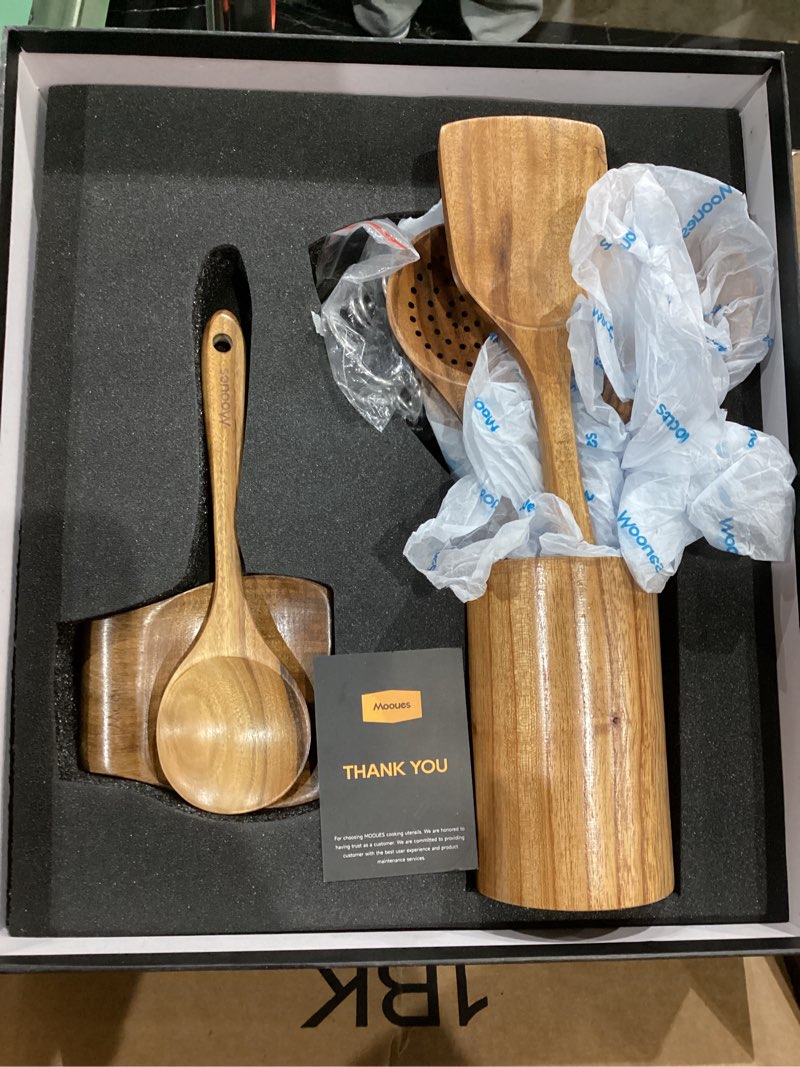Condition photo showing As Is for mooues wooden spoons for cooking, wooden utensils for cooking natural teak wooden kitchen utensils set comfort grip(9 pcs set gift box)