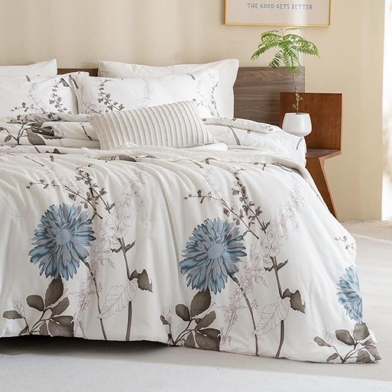 king size comforter set, 100% cotton floral comforter set with brown botanical blue flower print, soft and lightweight 1-piece comforter set for all