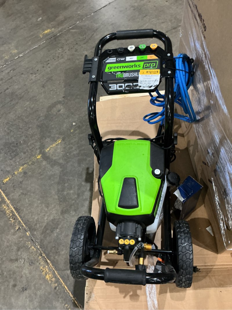 Condition photo showing As Is for greenworks 3000-psi 2.0-gpm cold water electric pressure washer with 5 spray tips