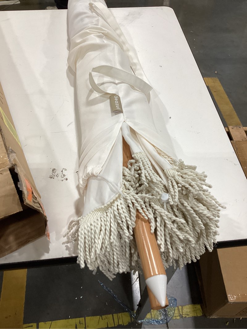 Condition photo showing As Is for seazul 5.2ft patio umbrella with fringe, beach umbrella, fringe umbrella outdoor patio, tilting steel pole, uv 50+, fiberglass ribs, elegant cream 5.2ft elegant cream