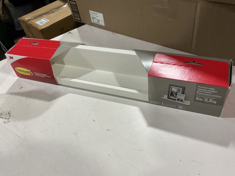 Condition photo showing New/Like New for command picture ledge, 21" damage free hanging floating shelf with adhesive strips, quartz, no tools picture hanger for displaying decorations and photographs, 1 ledge and 10 strips