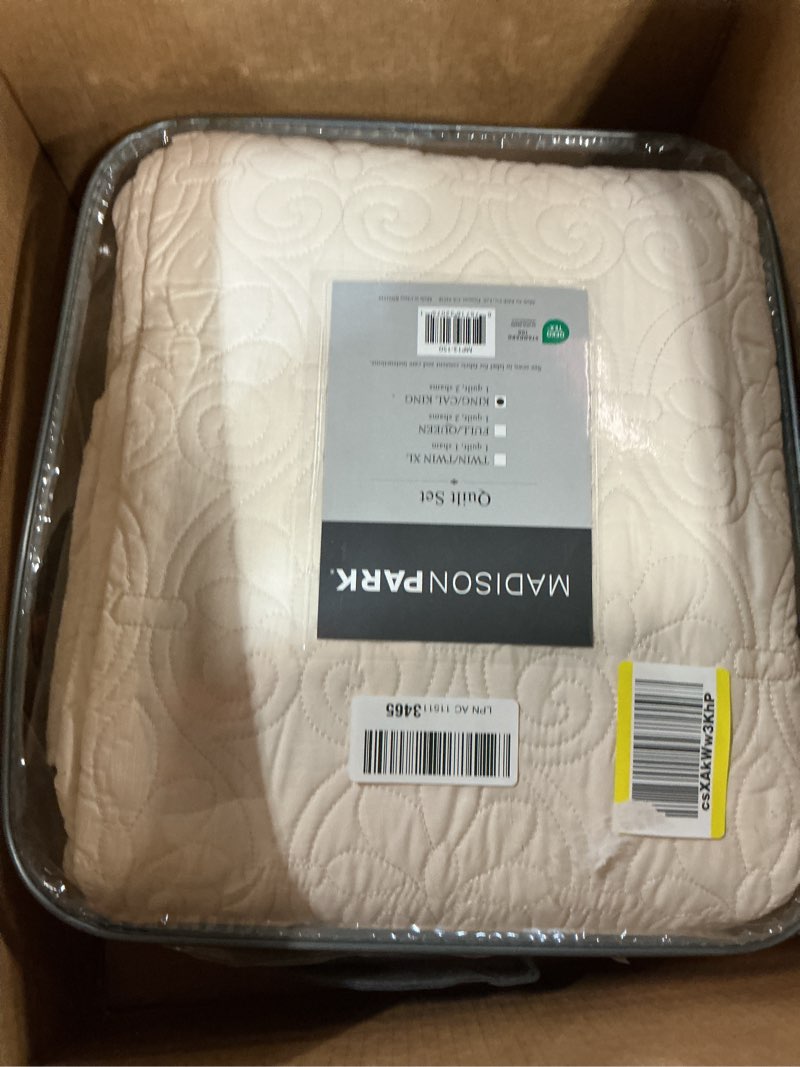Condition photo showing New/Like New for madison park quebec quilt set - luxurious damask stitching design, cotton filled lightweight coverlet bedspread bedding, shams, king/cal king(104"x94"), cream 3 piece cream king/cal king