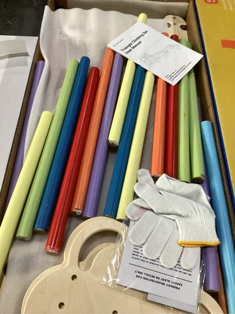 Condition photo showing New/Like New for COSYLAND Pikler Triangle Set 8 in 1 - Adjustable 3-Level Montessori Climbing Toys for Toddlers 18M-6Y, Foldable Wooden Indoor Jungle Gym & Playground with Train Toy & Gift Box, Rainbow Large Rainbow