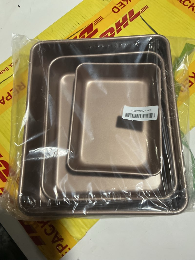 Condition photo showing Good Condition for deep baking pans set nonstick,rectangle cake pan,stackable bakeware set of 3,oven trays for baking,gold(9''/11''/13'') baking sheet deep 3 piece