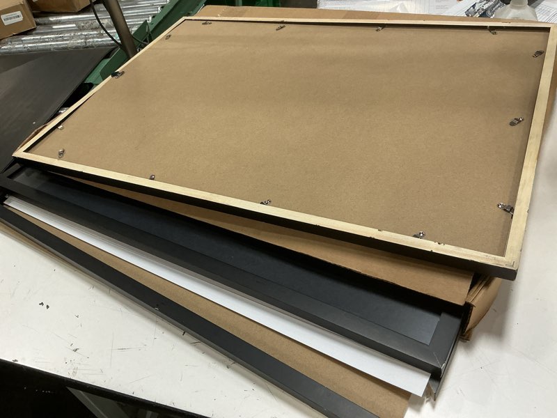 Condition photo showing As Is for golden state art, 13x19 aluminum picture frame, black metal thin poster frames for 13 x 19 inch photo, acrylic front, wall hook for horizontal or vertical display, 3 pack plexi glass 13x19 black