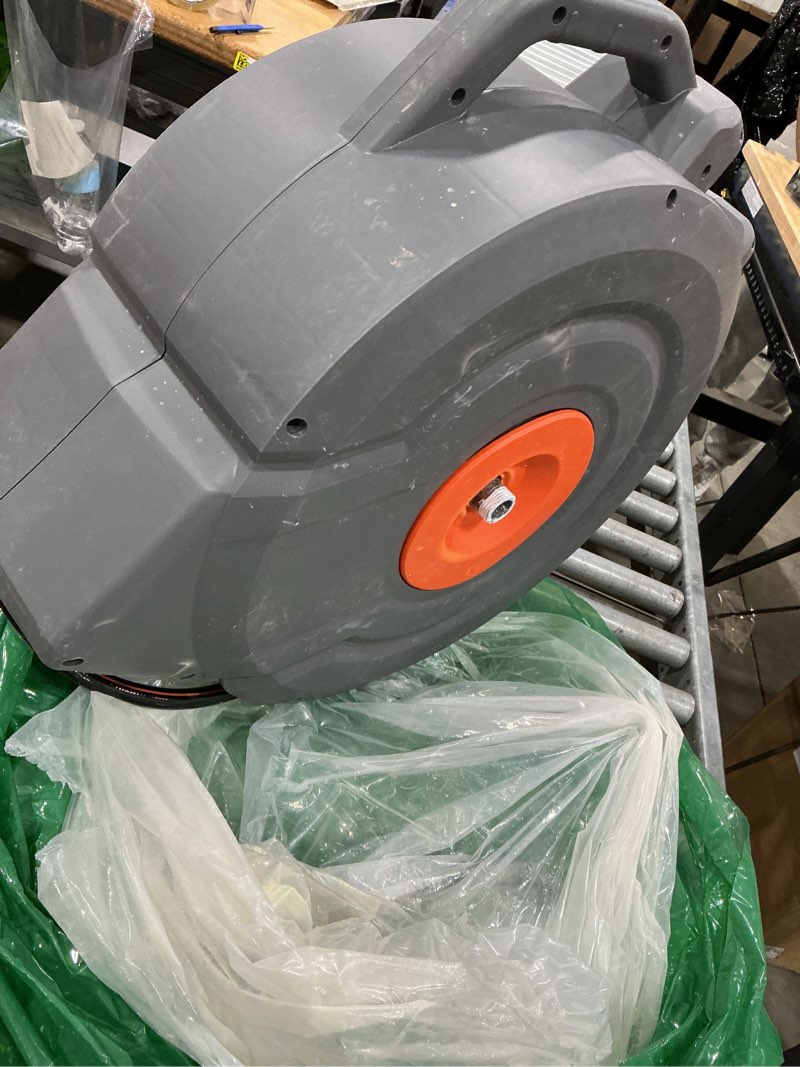 Condition photo showing As Is for upgraded retractable garden hose reel 1/2\\\" x 155 ft pro 180° swivel metal bracket automatic retract heavy duty hose reels wall mount any length lock 9 pattern nozzle garden watering
