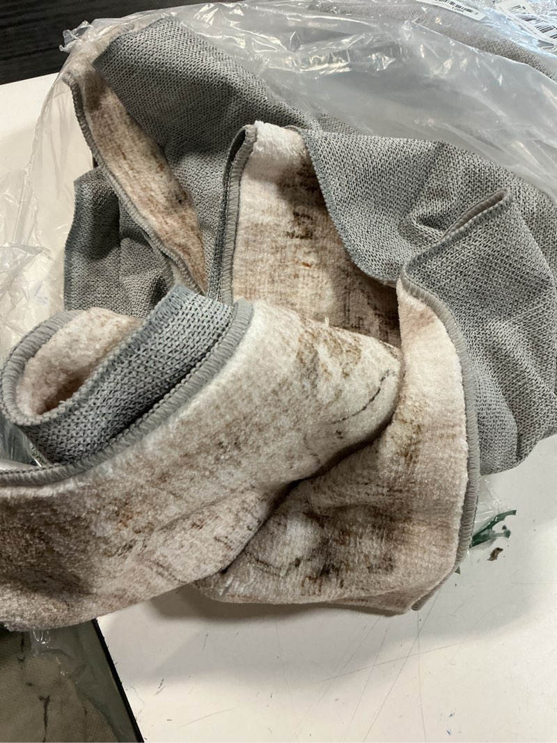 Condition photo showing As Is for 4x5 washable area rug beige grey abstract entryway office throw rug neutral modern non slip soft low pile indoor carpet for living room bedroom kitchen entrance 4' x 5' (rectangular) beige/grey