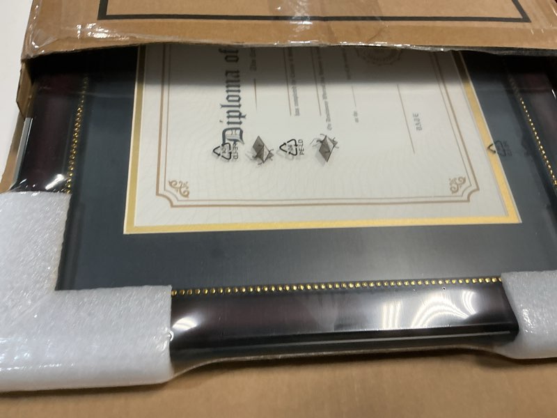 Condition photo showing New/Like New for GraduationMall 8.5x11 Diploma Frame with Black over Gold Mat or Display 11x14 Document without Mat, UV Protection Acrylic, Mahogany with Gold Beads Mahogany With Gold Beading 11x14 or 8.5x11 With Mat