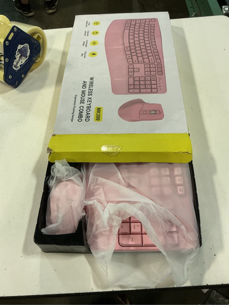 Condition photo showing Good Condition for wireless keyboard and mouse combo, 2.4g full size wave keys ergonomic keyboard with wrist rest and 3-level dpi adjustable wireless ergonomic mouse for windows, mac os desktop/laptop/pc(pink)