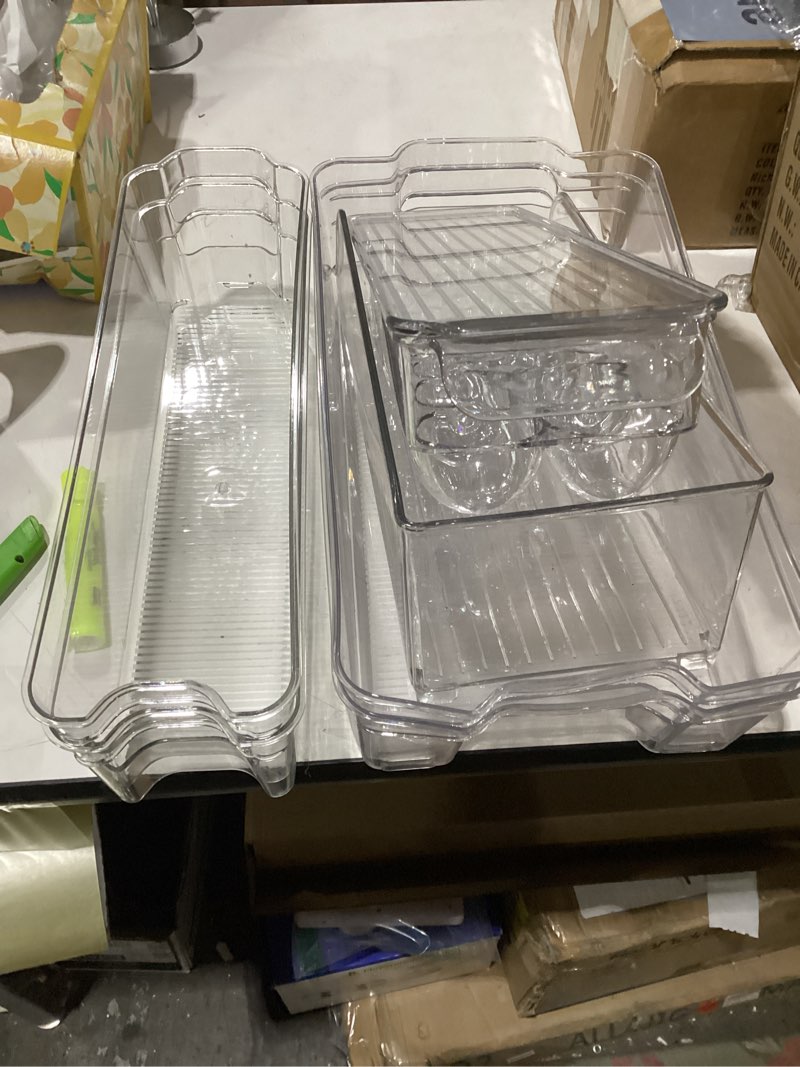 Condition photo showing New/Like New for Sorbus Refrigerator Organizers and Storage Bins Set of 6 – Includes 2 Wide Bins, 2 Narrow Bins, Soda Can Organizer (12 Cans), and 14 Egg Holder – Clear Bins for Fridge Organization, Pantry, Freezer