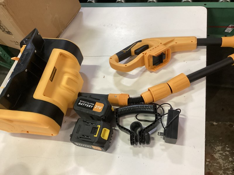 Condition photo showing As Is for devonic cordless snow shovel,21 volt 13 inch 4-ah snow thrower,snow blower with adjustable front handle&telescopic pole and 2 batteries.width 6". depth,12",16.8ft throw distance
