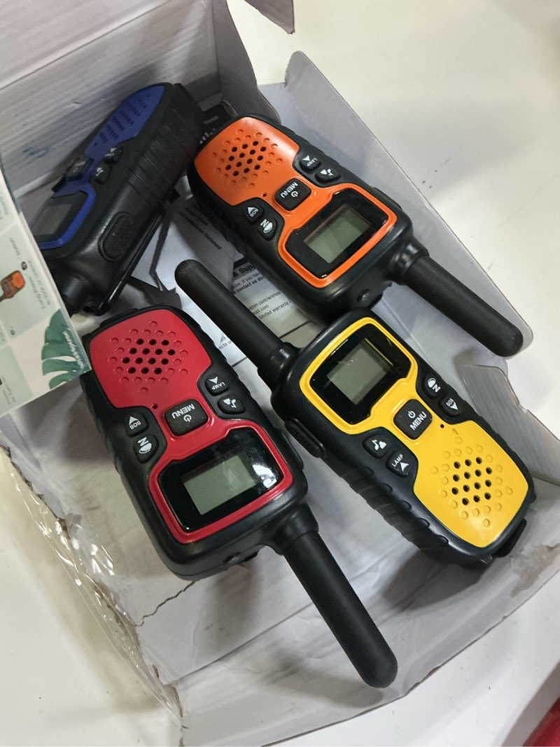 Condition photo showing As Is for wishouse walkie talkies for adults long range-rechargeable 4 pack 2 way radios, hiking accessories camping gear xmas birthday gift for kids family with lamp,sos siren,noaa weather alert,easy to use red blue orange yellow
