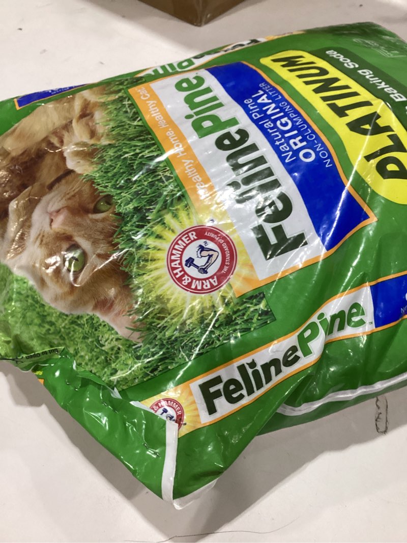 Condition photo showing As Is for feline pine platinum non-clumping cat litter, feline pine cat litter 17lb