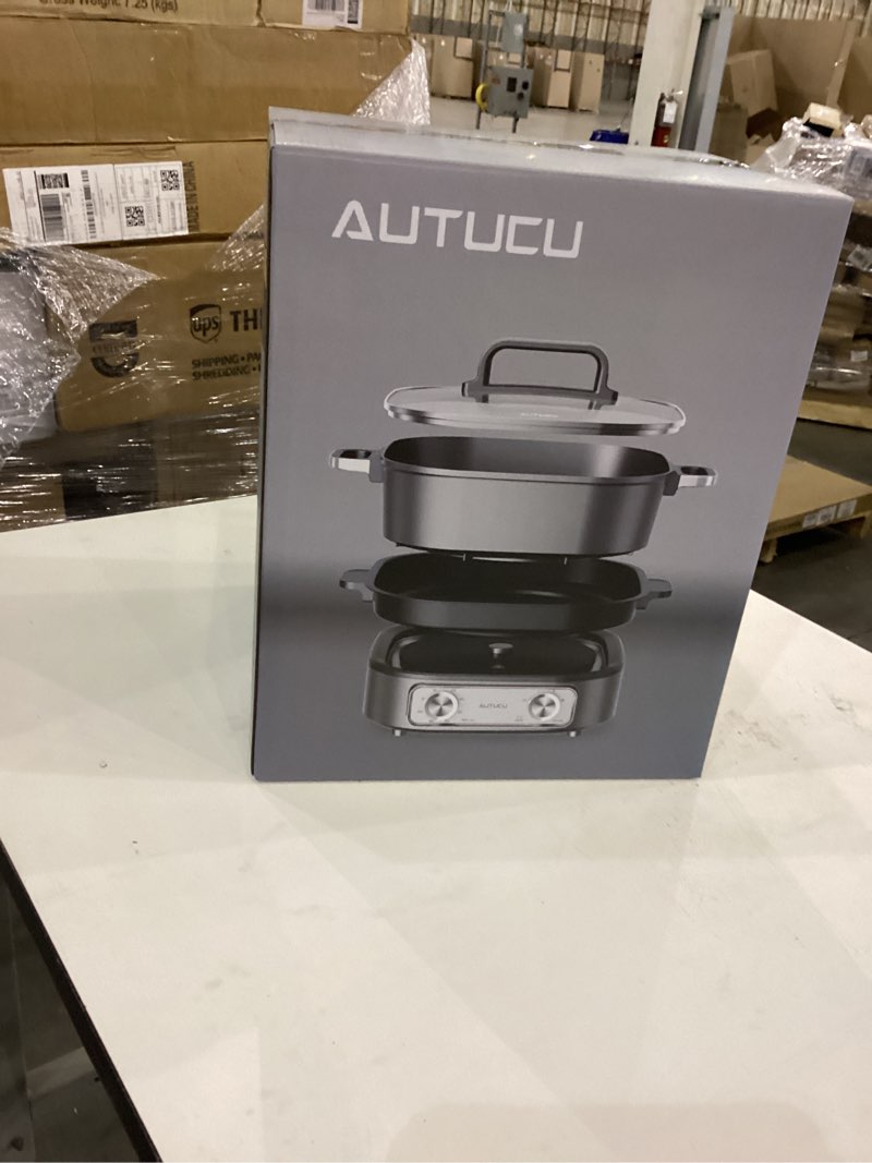 Condition photo showing New/Like New for 6-Quart Electric Skillet with Grill | Non-Stick PFOA-Free Ceramic-Coated Pot, 1600W, Timer & 3 Power Settings for Steak, Egg, Ramen (Includes Grill Tongs) Pot & Grill 6.3 Quarts with grill