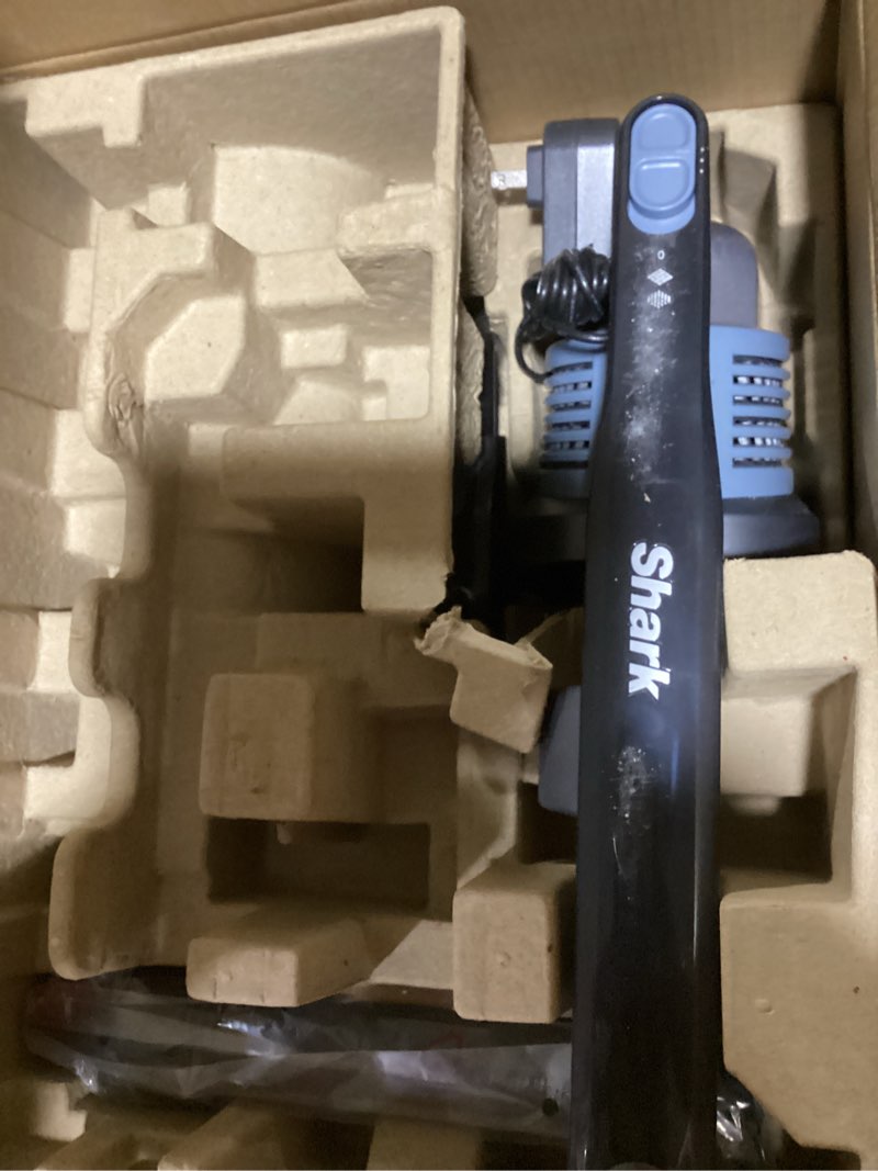 Condition photo showing As Is for shark pet cordless stick vacuum with xl dust cup, led headlights, removable handheld vac, crevice tool, portable vacuum for household pet hair, carpet & hard floors, 40min runtime, ice blue, ix141amz gray