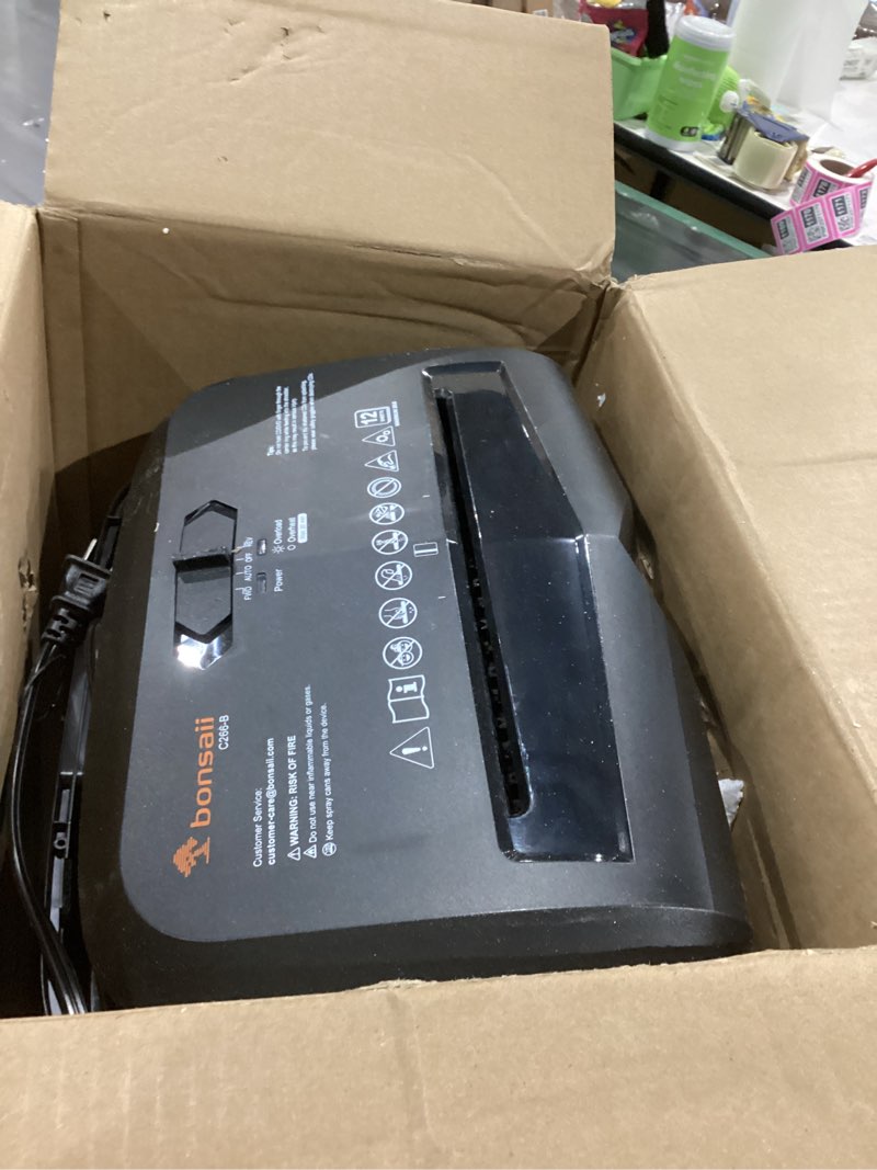 Condition photo showing As Is for Bonsaii 12-Sheet Micro Cut Shredders for Home Office, 60 Minute P-4 Security Level Paper Shredder for CD, Credit Card, Mails, Staple, Clip, with Jam-Proof System & 4.2 Gal Pullout Bin C266-B 12 Sheet-6 0Mins