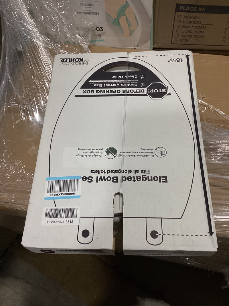 Condition photo showing As Is for kohler 4636-rl-0 cachet readylatch elongated slow close toilet seat, soft close toilet seat quiet lid, contoured grip-tight bumpers installation hardware, apartment essentials, white white elongated ready latch
