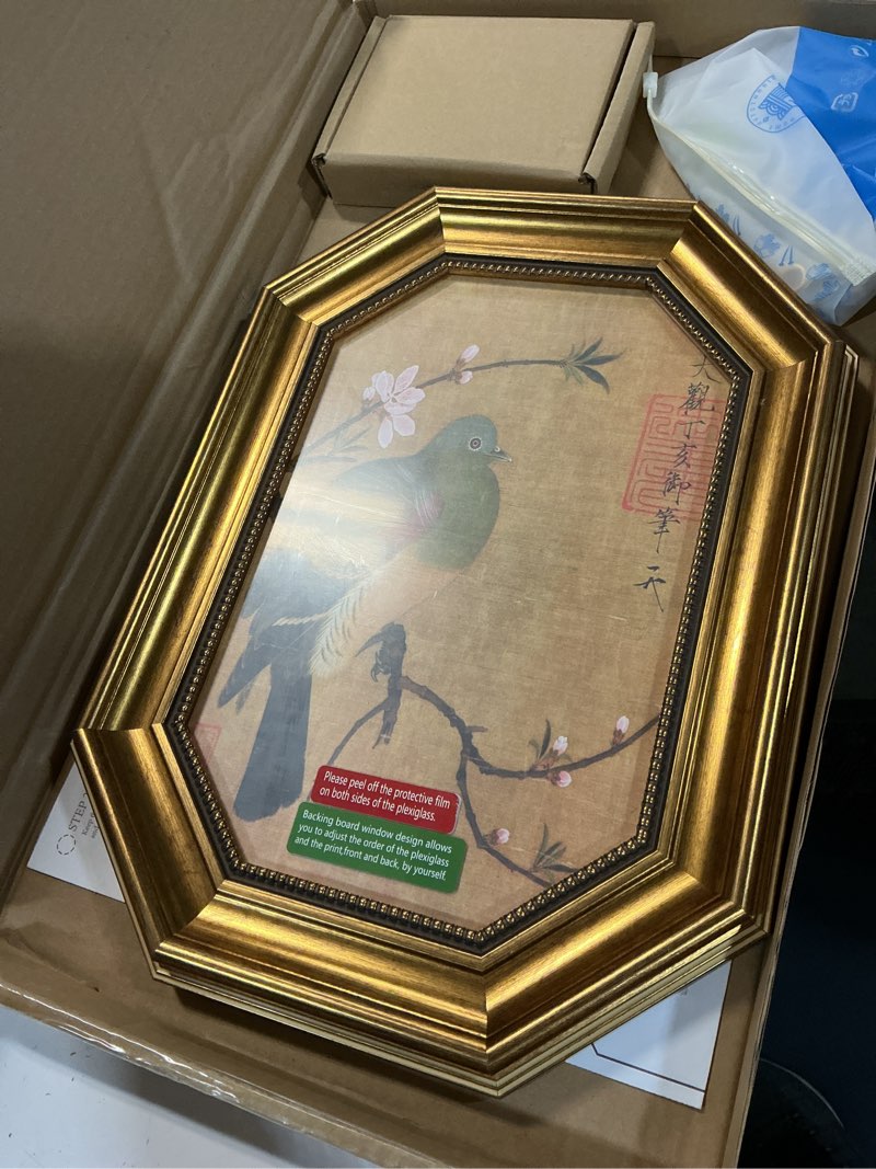 Condition photo showing Good Condition for gold framed vintage floral bird canvas wall art boho plant flower sparrow painting decor pictures beige medieval nature aesthetic bedroom living posters prints for corridor kitchen room decoration plant 11"l x 9"w