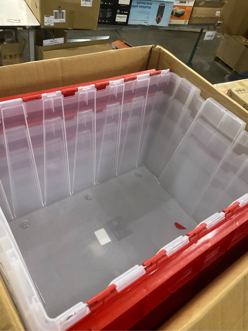 Condition photo showing Good Condition for Akro-Mils KeepBox 12 Gallon Storage Container, Nesting and Stackable Plastic Storage Box with Lid Attached, Clear Tote for Garages, Closets, and Moving, 21-1/2" x 15" x 12-1/2", Clear/Red Clear/Red 12 Gallons 1-Pack