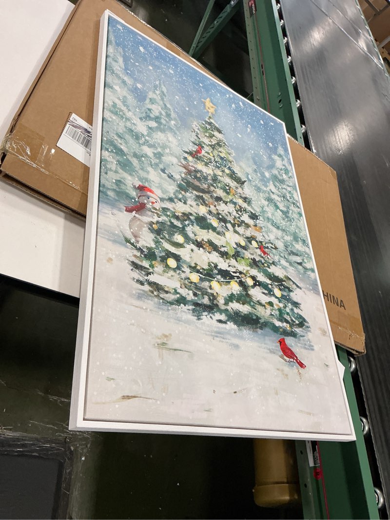 Condition photo showing New/Like New for Framed Christmas Tree Wall Art, Snowy Winter Scene with Snowman and Red Cardinal Canvas Prints, Christmas 