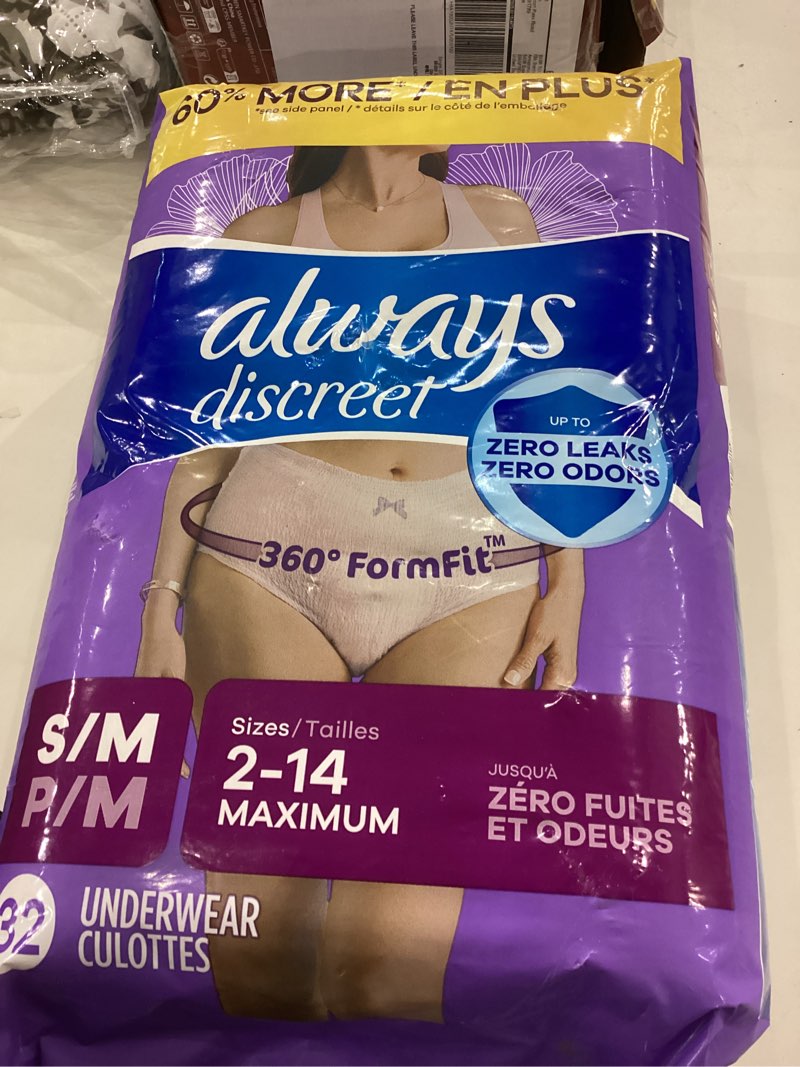 Condition photo showing New/Like New for Always Discreet Adult Incontinence Underwear for Women and Postpartum Underwear, Small/Medium, Up to 100% Bladder Leak Protection, 32 Count Small/Medium 32