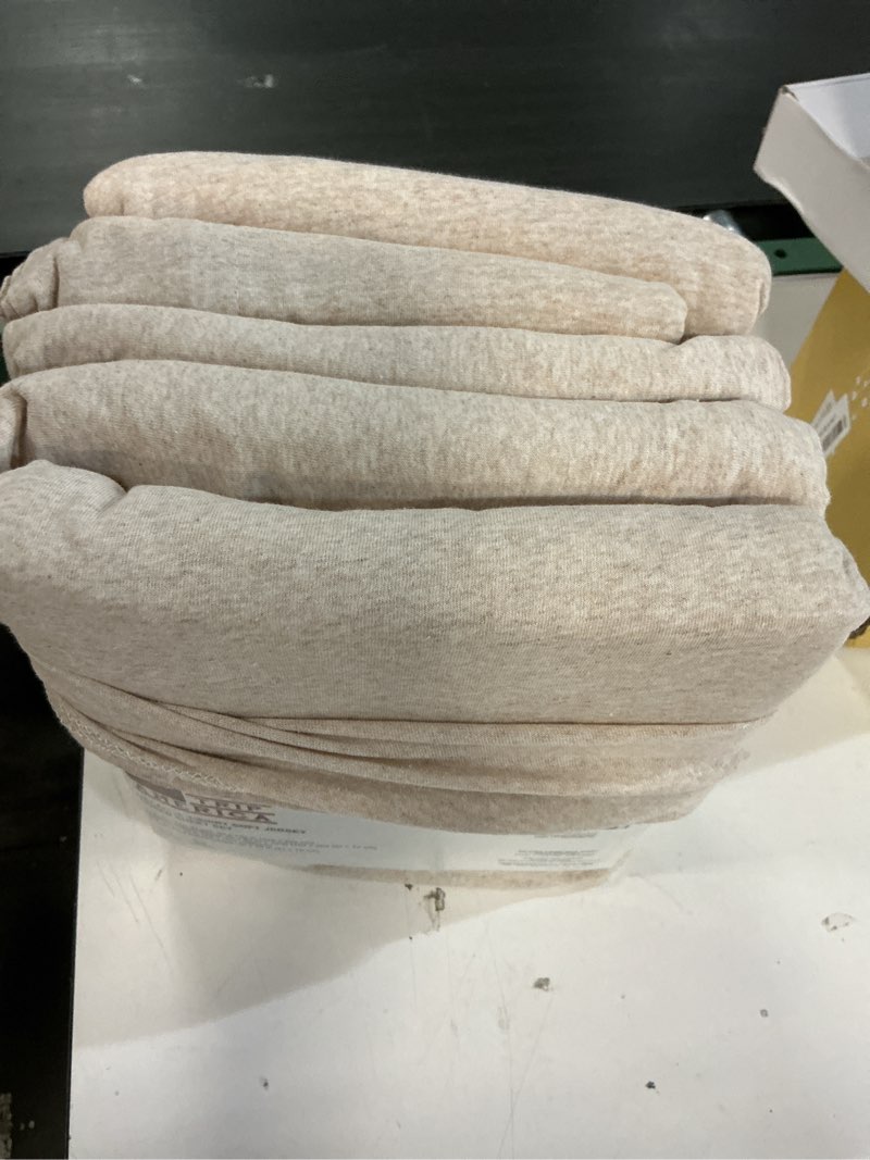 Condition photo showing New/Like New for Road Trip America Jersey Sheets Queen Set - Cotton (4 Pieces) All Seasonal Deep Pockets Soft Cozy Knit Stretchy Bed Sheets - Hotel and Residential Quality (Oatmeal, Queen) Queen Oatmeal