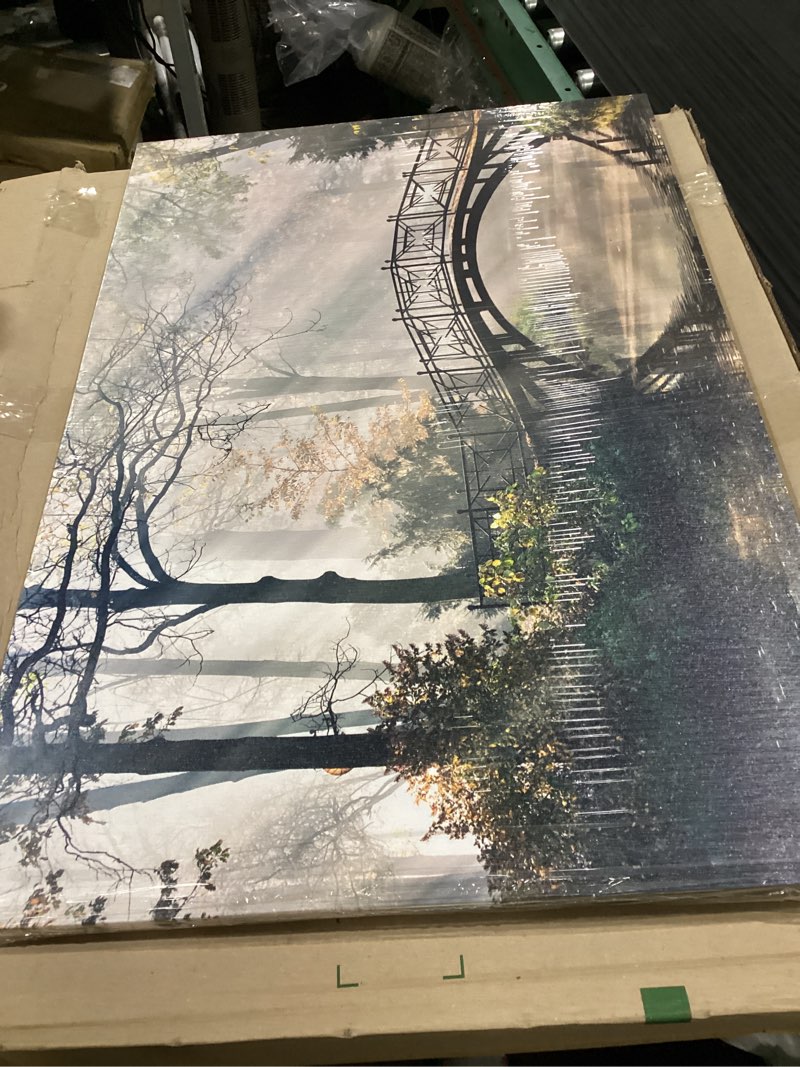 Condition photo showing Good Condition for canvas with bridge over a river in a deciduous forest 36” x 24”