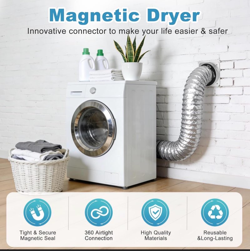 magnetic dryer vent kit, quick connect for 4\" dryers, save 4–6 inches of space, strong magnetic hold, 3.3ft hose, airtight seal & reinforced wall connector