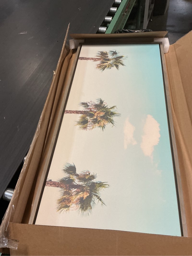 Condition photo showing New/Like New for kate and laurel sylvie a trio of palm trees framed canvas wall art by laura evans, 18x40 gray, decorative tropical art for wall