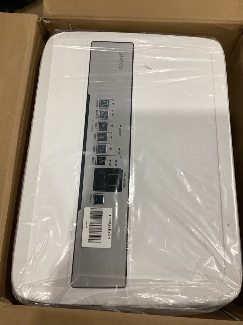 Condition photo showing As Is for used not tested midea 4,500 sq. ft. dehumidifier with pump included, 50 pint - ideal for basements, large & medium sized rooms, and bathrooms (white) 4,500 sq. ft. with pump - wifi