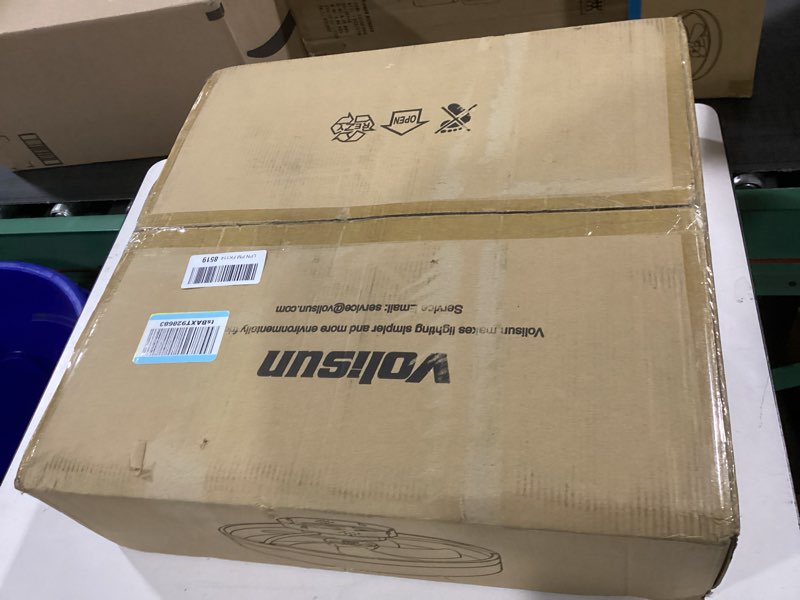 Condition photo showing Good Condition for VOLISUN Farmhouse Ceiling Fans with Lights and Remote, 19.7in Low Profile Ceiling Fan Flush Mount, 3000K-6500K Dimmable Bladeless LED Fan Light, Fandelier Ceiling Fans with Lights for Bedroom(Walnut) Walnut 19.7 INCH