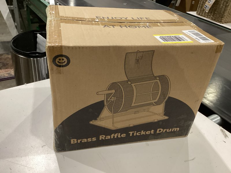 Condition photo showing New/Like New for vivohome 11 inch x 8 inch brass plated raffle drum lottery spinning drawing with wooden turning handle holds 2500 tickets small 11 inch x 8 inch