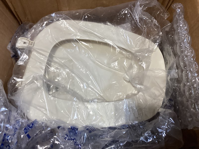 Condition photo showing New/Like New for centoco eljer emblem elongated toilet seat with square front, closed front with cover, residential, plastic, made in the usa, emb601-306, natural elongated 306-natural/bone