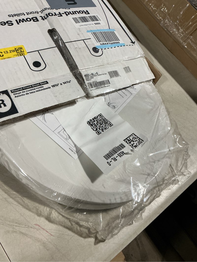 Condition photo showing As Is for kohler 4639-rl-0 cachet readylatch round toilet seat soft close, white white round ready latch