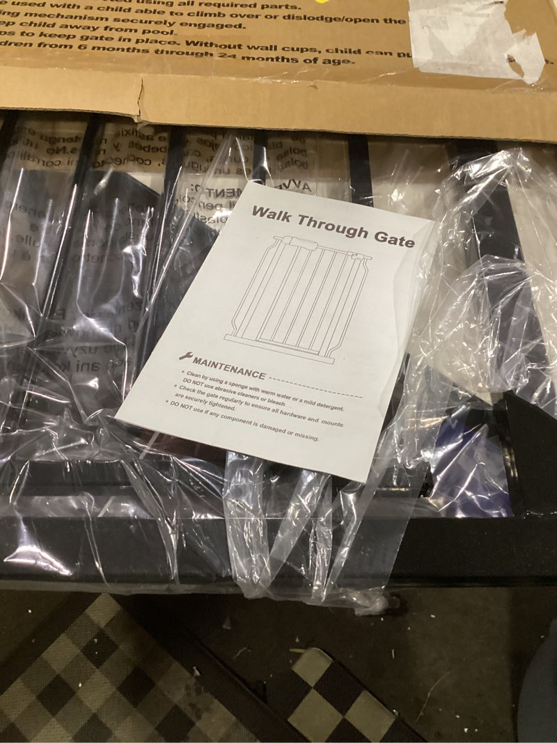 Condition photo showing As Is for 29.5-40.5" baby gate for stairs, dog gate for doorways, walk thru auto close metal baby safety gate for the house, stairs and doorways, child gate pressure mounted, pet gate for dog indoor - black black 29.5-40.5"w x 30"h