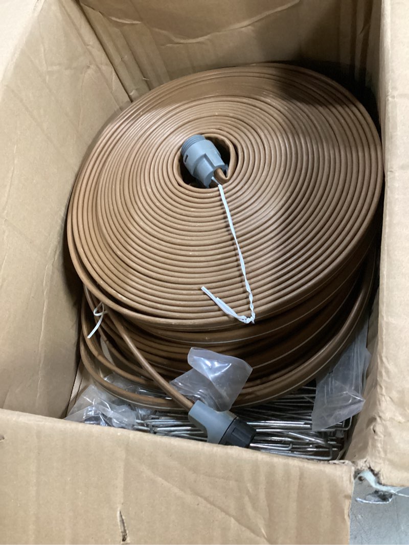 Condition photo showing As Is for sprinkler soaker hose 100 ft, watering hose with holes, high-efficiency water-saving sprinklers system for lawn and garden with staples 50ft × 2pack 100ft(50ft-2pack)