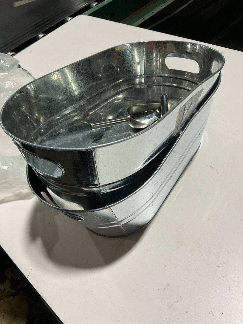 Condition photo showing Good Condition for Galvanized Tub Beverage Tubs, 2pcs Metal Ice Buckets for Cocktail Bar 3 Gallon Wine Beer Drink Buckets with Handles Large Tub Cooler Mimosa Bar Supplies Ice Bucket for Parties 15x9x6inch(Galvanized)