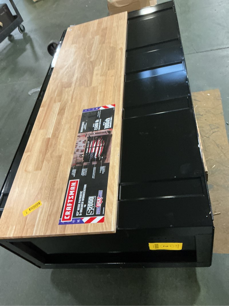 Condition photo showing As Is for CRAFTSMAN 63-in L x 37.5-in H 9 -Drawers Rolling Black Butcher block Work Bench Large | CMST98275P
