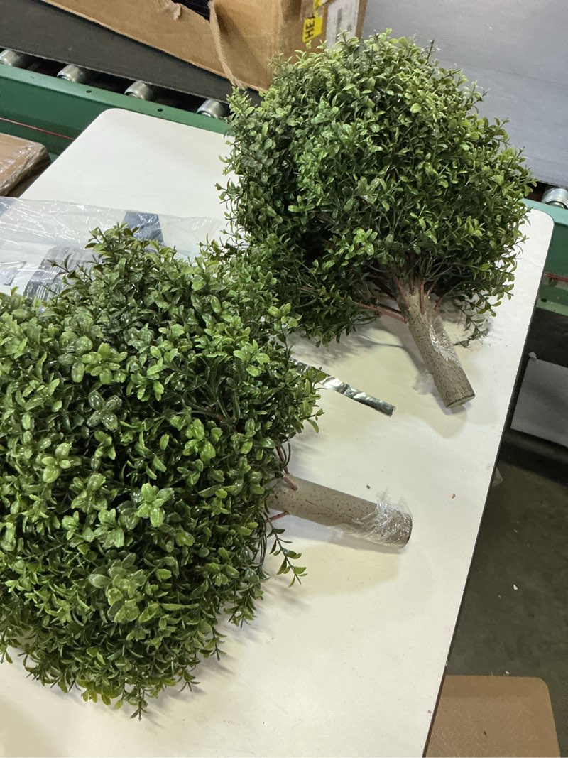 Condition photo showing As Is for artificial boxwood ball topiary tree set of 2 porch outdoor potted shrubs