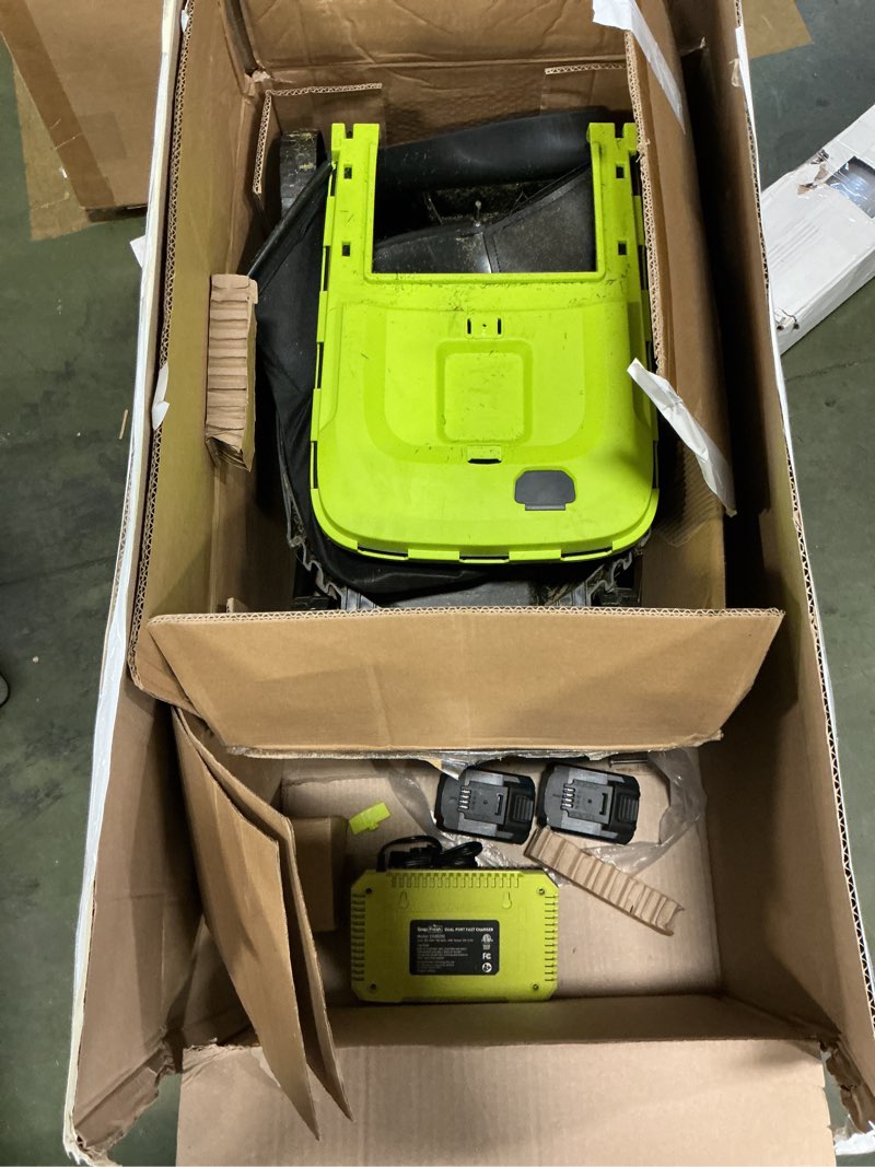 Condition photo showing As Is for SnapFresh Electric Lawn Mower Cordless - 40V (2 x 20V) 16” Brushless Push Lawn Mowers with 4.0Ah Battery x 2 and Fast Charger Included - Battery Operated Lawn Mower with Bagger