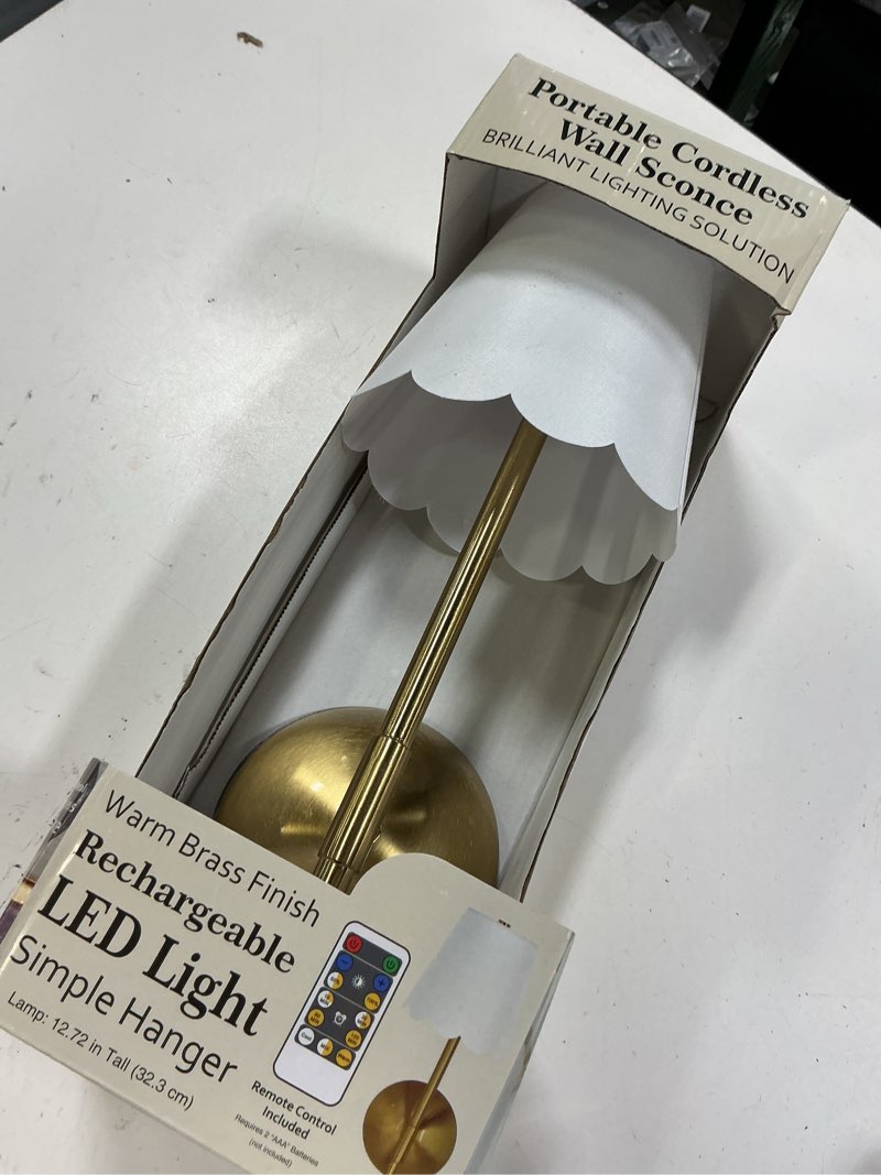 Condition photo showing As Is for sterling & noble cordless brass rechargeable wall sconce with scalloped fabric shade and remote