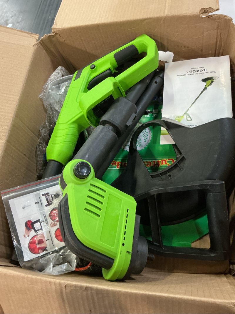 Condition photo showing As Is for 20,000rpm cordless electric weed wacker, 800w brushless weed eater with wheels, 12" 4-in-1 string trimmer lawn edger mini lawn mower brush cutter, foldable, 21v, 2×4.0ah batteries power display green