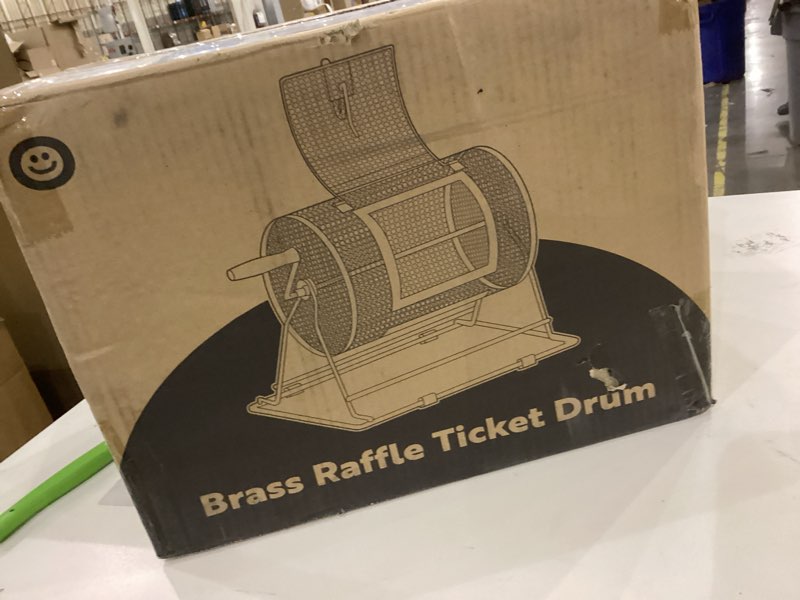 Condition photo showing New/Like New for VIVOHOME 11 Inch x 8 Inch Brass Plated Raffle Drum Lottery Spinning Drawing with Wooden Turning Handle Holds 2500 Tickets Small 11 Inch x 8 Inch