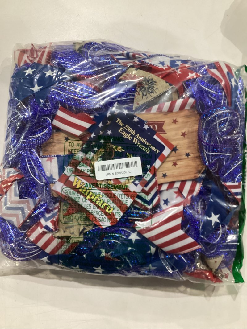 Condition photo showing Good Condition for 250th anniversary patriotic wreath, 4th of july wreaths for front door with wooden eagle door sign & red white blue ribbon for independence day memorial day patriotic decorations(18in, 1pcs) red & blue 1 pcs-18in