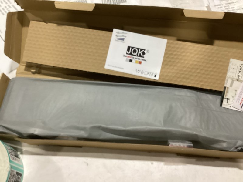 Condition photo showing New/Like New for JQK Bathroom Glass Shelf, Tempered Glass Shower Storage 24 by 5 inches, 304 Stainless Steel Brushed Finish Wall Mount, TGS101L24-BN 24 Inch (1 Pack) Brushed