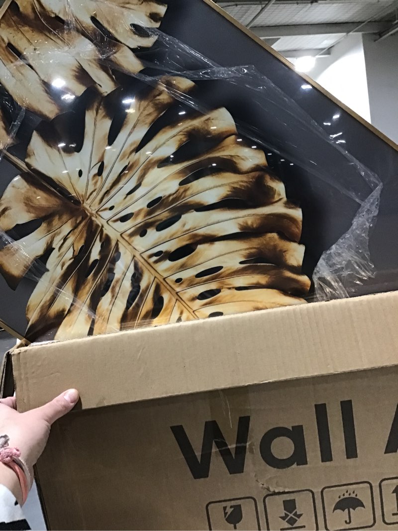 Condition photo showing As Is for Framed Modern Luxury Large Gold Wall Art for Living Room, Set of 3 Piece Contemporary Paintings Artwork for Walls, Golden Leaf Prints with Gold Frame, Pictures for Office Wall Decor - Total 30" x 60" 20" W x 30" H x 3Pcs Gold Leaf