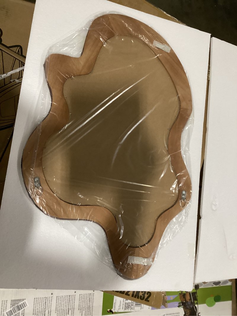 Condition photo showing As Is for sawsile irregular wall mirror,21""x 32""asymmetrical mirror wood,wooden framed wall mirror,modern large vanity bathroom mirror,walnut wavy mirror for entryway,bedroom,living room,washroom, brown a brown a 32"l x 21"w