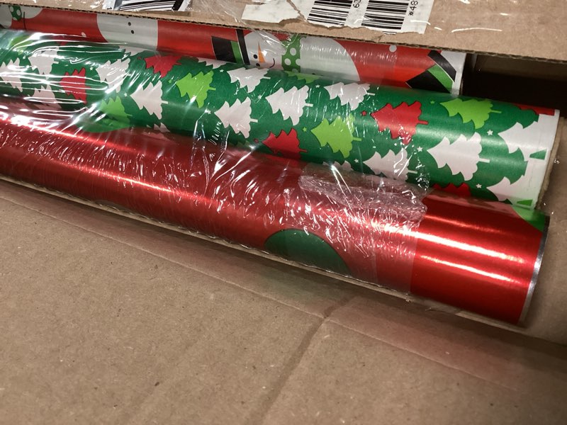 Condition photo showing As Is for American Greetings 120 sq. ft. Reversible Kids Christmas Wrapping Paper Bundle, Santa, Snowmen and Candy Canes (3 Extra Wide Rolls 40 in. x. 12 ft.)